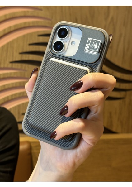 Apple iPhone 16 Plus Uyumlu Kamera Çerçeve Standlı Gri Karbon Deri Cüzdanlı Kılıf