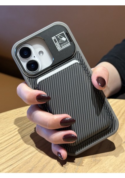 iPhone 16 Uyumlu Kamera Çerçeve Standlı Gri Karbon Deri Cüzdanlı Kılıf