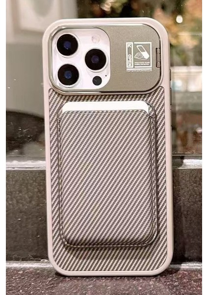 iPhone 16 Pro Uyumlu Kamera Çerçeve Standlı Gri Karbon Deri Cüzdanlı Kılıf