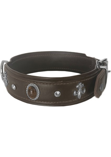 Deri Doğal Taşlı Köpek Boyun Tasması 33-37 cm x-Small Kahverengi