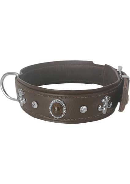 Deri Doğal Taşlı Köpek Boyun Tasması 33-37 cm x-Small Kahverengi