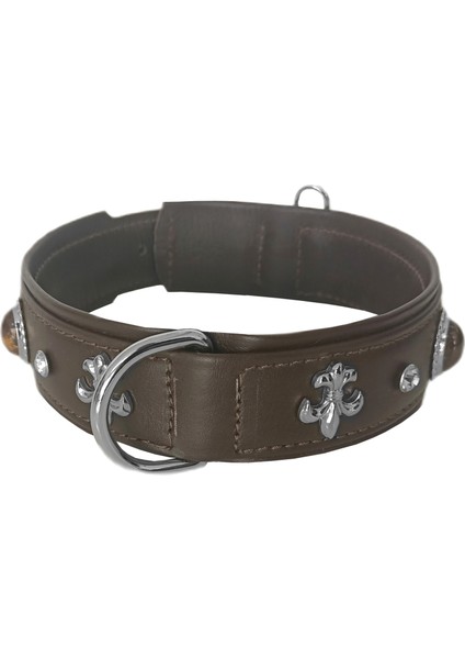 Deri Doğal Taşlı Köpek Boyun Tasması 49-55 cm Large Kahverengi