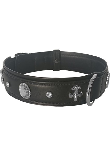 Deri Parlak Taşlı Köpek Boyun Tasması 44-50 cm Medium Siyah