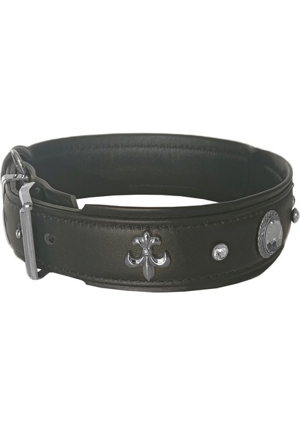 Deri Parlak Taşlı Köpek Boyun Tasması 44-50 cm Medium Siyah