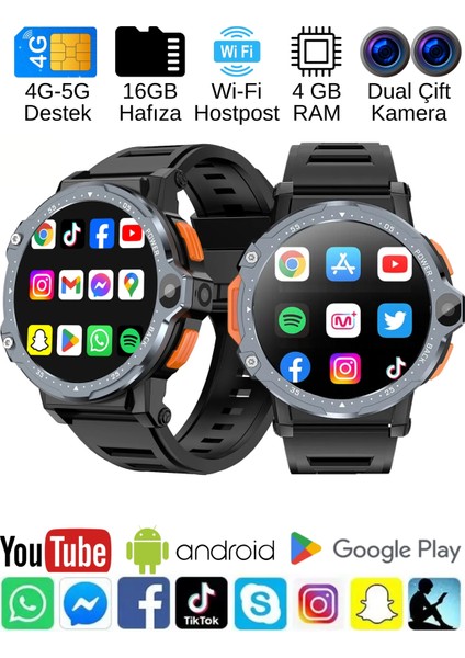 Watch PG Siyah 4G LTE Yuvarlak Akıllı Saat 16GB SIM Kartlı Kameralı WiFi Çocuk Huawei iPhone Uyumlu 8 9 10