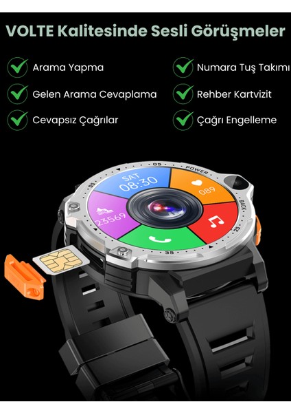 Watch PG Siyah 4G LTE Yuvarlak Akıllı Saat 16GB SIM Kartlı Kameralı WiFi Çocuk Huawei iPhone Uyumlu 8 9 10