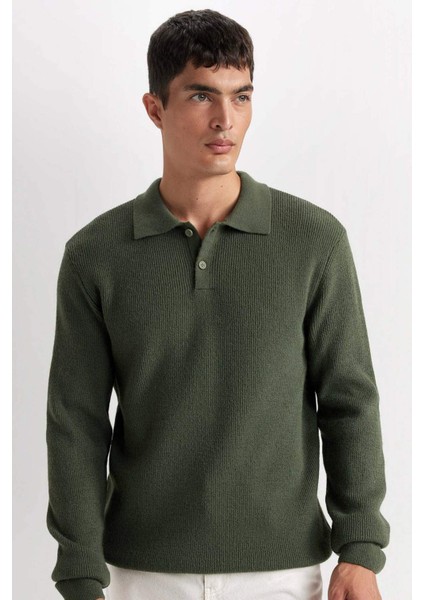 Haki Standart Fit Normal Kesim Polo Yaka Triko Kazak D3589AX24WN