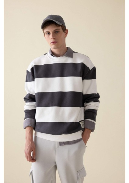 Antrasit Boxy Fit Bisiklet Yaka Çizgili Sweatshirt A9066AX24AU