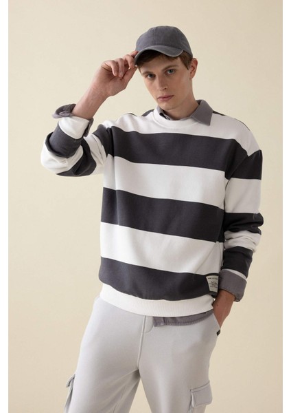 Antrasit Boxy Fit Bisiklet Yaka Çizgili Sweatshirt A9066AX24AU modelleri
