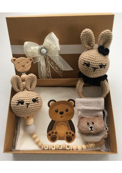 Hoşgeldin Bebek, Unisex, Yenidoğan Bebek Amigurumi Isimli Emzik Askısı Hediye Seti