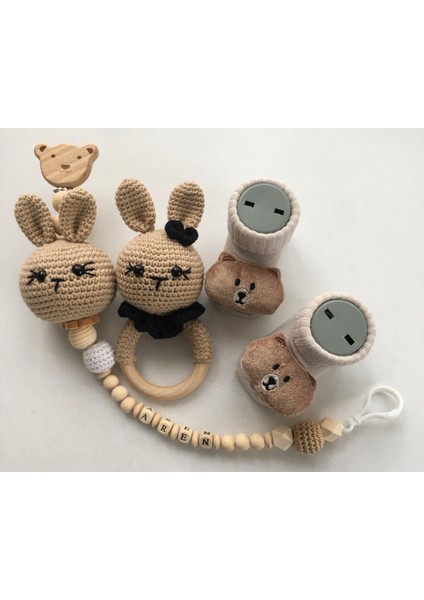 Hoşgeldin Bebek, Unisex, Yenidoğan Bebek Amigurumi Isimli Emzik Askısı Hediye Seti modelleri