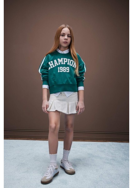Kız Çocuk Relax Fit Bisiklet Yaka Baskılı Sweatshirt D7442A825SP