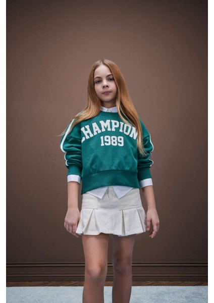 Kız Çocuk Relax Fit Bisiklet Yaka Baskılı Sweatshirt D7442A825SP