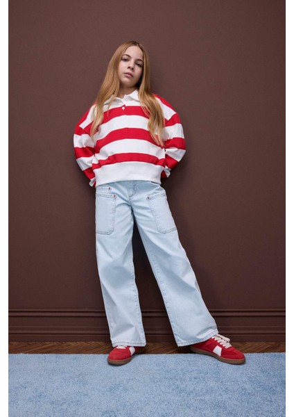 Kız Çocuk Relax Fit Polo Yaka Çizgili Sweatshirt D7443A825SP