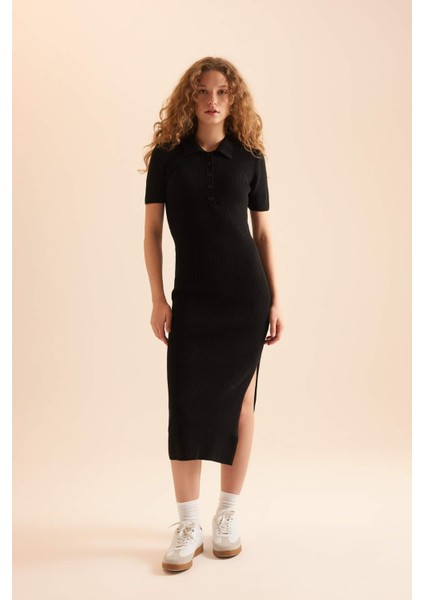Fitted Polo Yaka Kısa Kollu Yırtmaçlı Midi Triko Elbise D4914AXNS fiyatları