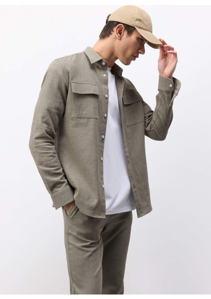 %100 Pamuk Regular Fit Polo Yaka Uzun Kollu Keten Görünümlü Gömlek D6149AX25SP fiyatları