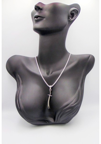 Unisex Gümüş Renk 3D Zülfikar Kılıç Uçlu Paslanmaz Çelik Kolye 70CM