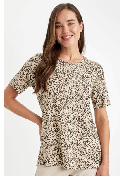 Regular Fit Bisiklet Yaka Leopar Desenli Kısa Kollu Tişört D5758AX24HS