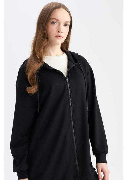 Relax Fit Kapüşonlu Basic Düz Fermuarlı Tunik Sweatshirt
