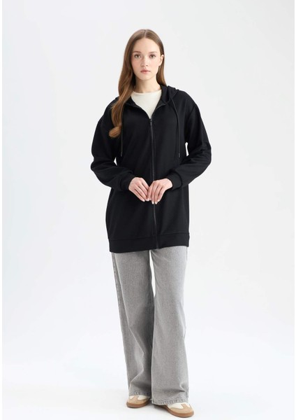 Relax Fit Kapüşonlu Basic Düz Fermuarlı Tunik Sweatshirt
