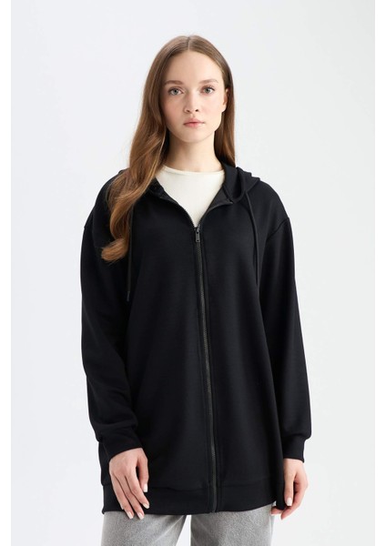 Relax Fit Kapüşonlu Basic Düz Fermuarlı Tunik Sweatshirt