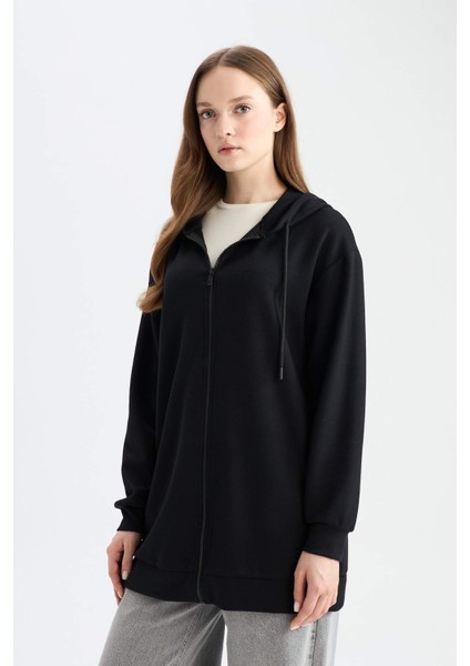 Relax Fit Kapüşonlu Basic Düz Fermuarlı Tunik Sweatshirt