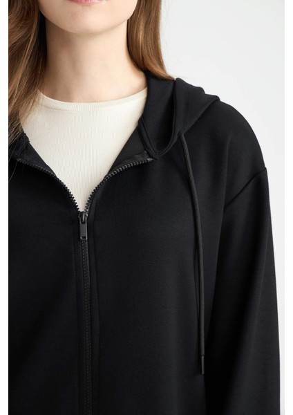 Relax Fit Kapüşonlu Basic Düz Fermuarlı Tunik Sweatshirt