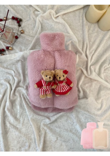 Sevgililer Için Sıcak Su Torbası Pudra Pembe Peluş Ayak Isıtıcı Oyuncaklı 2 Litre Beraber