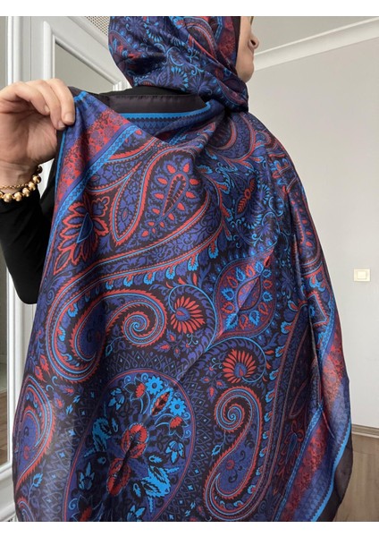 Etnik Desen Soft Pamuk Şal Saks Mavisi Kırmızı Renk