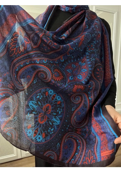 Etnik Desen Soft Pamuk Şal Saks Mavisi Kırmızı Renk