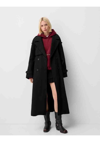 Allbucks Bershka, Siyah Oversize Yün Içerikli Kaşe Trençkot Kaban ABBRS1009