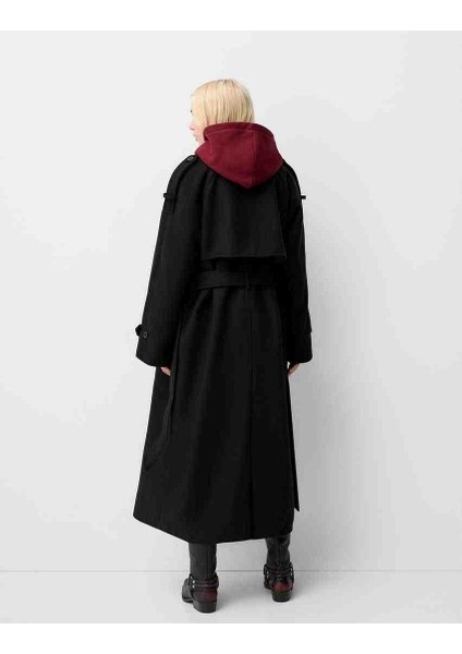 Allbucks Bershka, Siyah Oversize Yün Içerikli Kaşe Trençkot Kaban ABBRS1009
