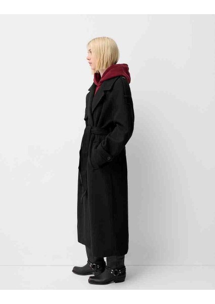 Allbucks Bershka, Siyah Oversize Yün Içerikli Kaşe Trençkot Kaban ABBRS1009