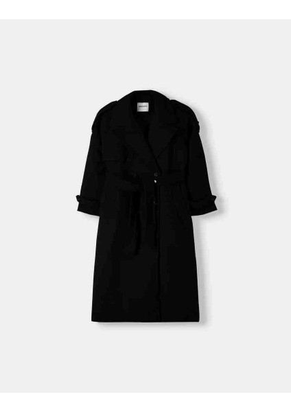 Allbucks Bershka, Siyah Oversize Yün Içerikli Kaşe Trençkot Kaban ABBRS1009