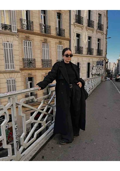 Allbucks Bershka, Siyah Oversize Yün Içerikli Kaşe Trençkot Kaban ABBRS1009