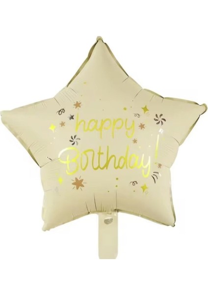 Happy Birthday Krem Renk Yıldız Folyo Balon