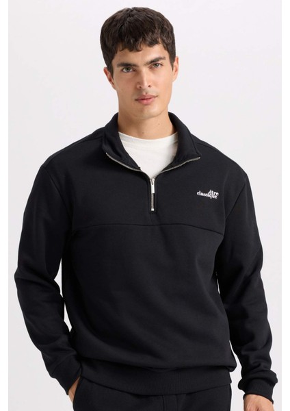 Relax Fit Fermuarlı Dik Yaka Baskılı Kalın Sweatshirt D2164AX24AU