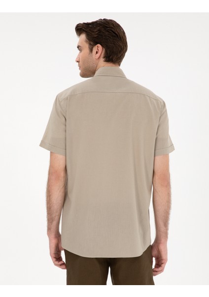 Erkek Haki Keten Karışımlı Regular Fit Kısa Kollu Gömlek 50303418-VR027
