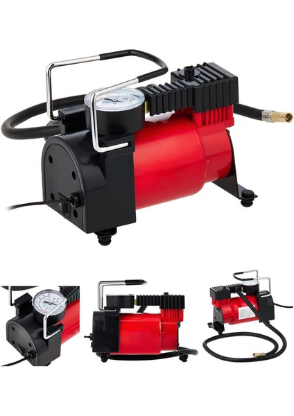Araba Oto Araç Lastik Şişirme Pompası 150 Psi Metal Gövde Çakmaklık Girişli Hava Kompresörü - Kırmızı