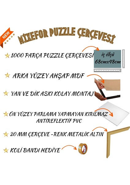 Puzzle Çerçevesi 1000 Parça Ölçü 66CM x 48CM Metalik Altın Renk Çerçeve Ön Kısmında Kırılmaz Pleksi fiyatları