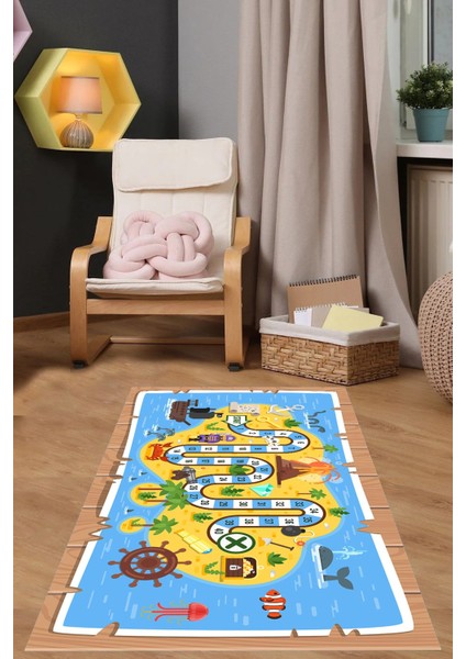 Dijital Baskılı Korsan Yol Desenli Yıkanabilir Kaymaz Taban Çocuk Odası Halısı, Çocuk-51-Sarı,
