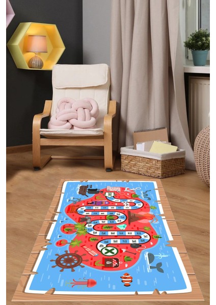 Dijital Baskılı Korsan Yol Desenli Yıkanabilir Kaymaz Taban Çocuk Odası Halısı, Çocuk-51-Kırmızı,