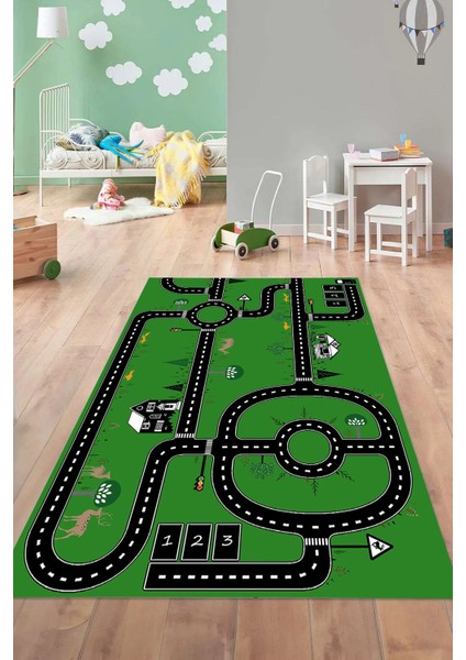 Dijital Baskılı Otomobil Yol Desenli Yıkanabilir Kaymaz Taban Çocuk Odası Halısı, Çocuk-55-Yeşil,
