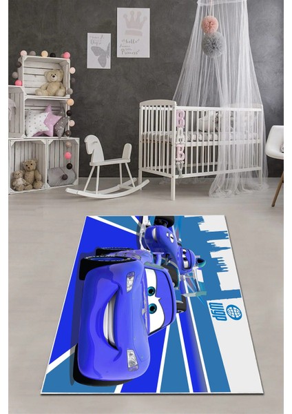 Dijital Baskılı Yarış Araba Desenli Yıkanabilir Kaymaz Taban Çocuk Odası Halısı, Çocuk-61-Mavi,