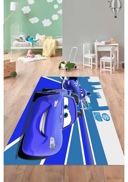 Dijital Baskılı Yarış Araba Desenli Yıkanabilir Kaymaz Taban Çocuk Odası Halısı, Çocuk-61-Mavi,