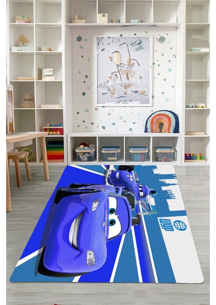 Dijital Baskılı Yarış Araba Desenli Yıkanabilir Kaymaz Taban Çocuk Odası Halısı, Çocuk-61-Mavi,