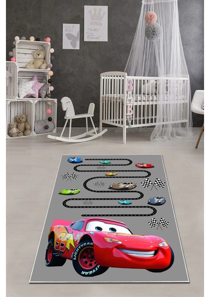 Dijital Baskılı Yarış Araba Modelli Yıkanabilir Kaymaz Çocuk Odası Halısı, Çocuk-59-Gri,