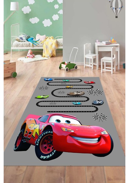 Dijital Baskılı Yarış Araba Modelli Yıkanabilir Kaymaz Çocuk Odası Halısı, Çocuk-59-Gri,