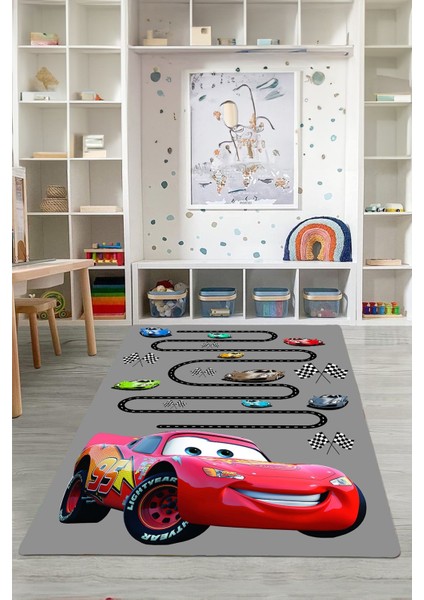Dijital Baskılı Yarış Araba Modelli Yıkanabilir Kaymaz Çocuk Odası Halısı, Çocuk-59-Gri,