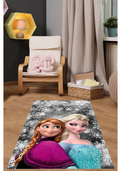 Dijital Baskılı Çizgi Film Kar Küre Modelli Yıkanabilir Kaymaz Çocuk Odası Halısı, Çocuk-75-Gri,